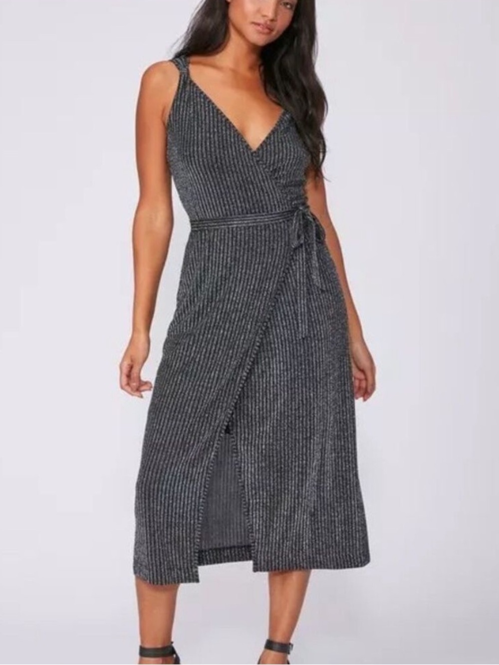 PAIGE‎ Marina Wrap Dress Black Silver Lurex Pinstripe Midi Size Medium NWT
